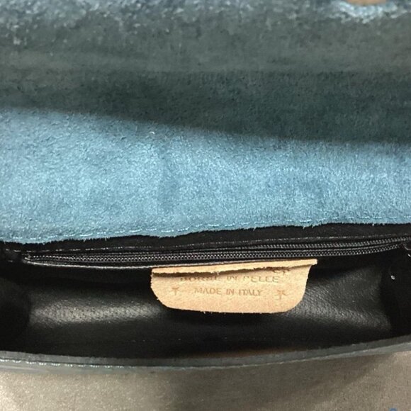 Italian-Made Teal Leather Handbag, Genuine Leather, Horseshoe Clasp, Chain Strap - Picture 2 of 4